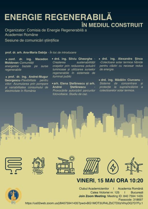 Anunț privind Sesiunea de comunicări științifice organizată de Comisia de Energie Regenerabilă a Academiei Române de vineri 15.05.2026